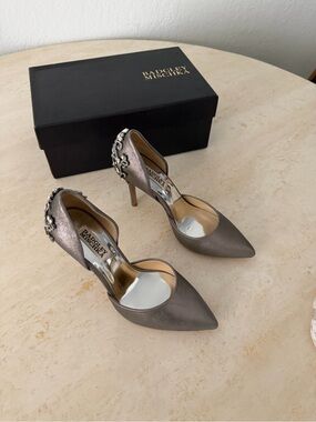 Badgley Mischka Metallic Taupe D'Orsay Pumps with Embellished Heel
